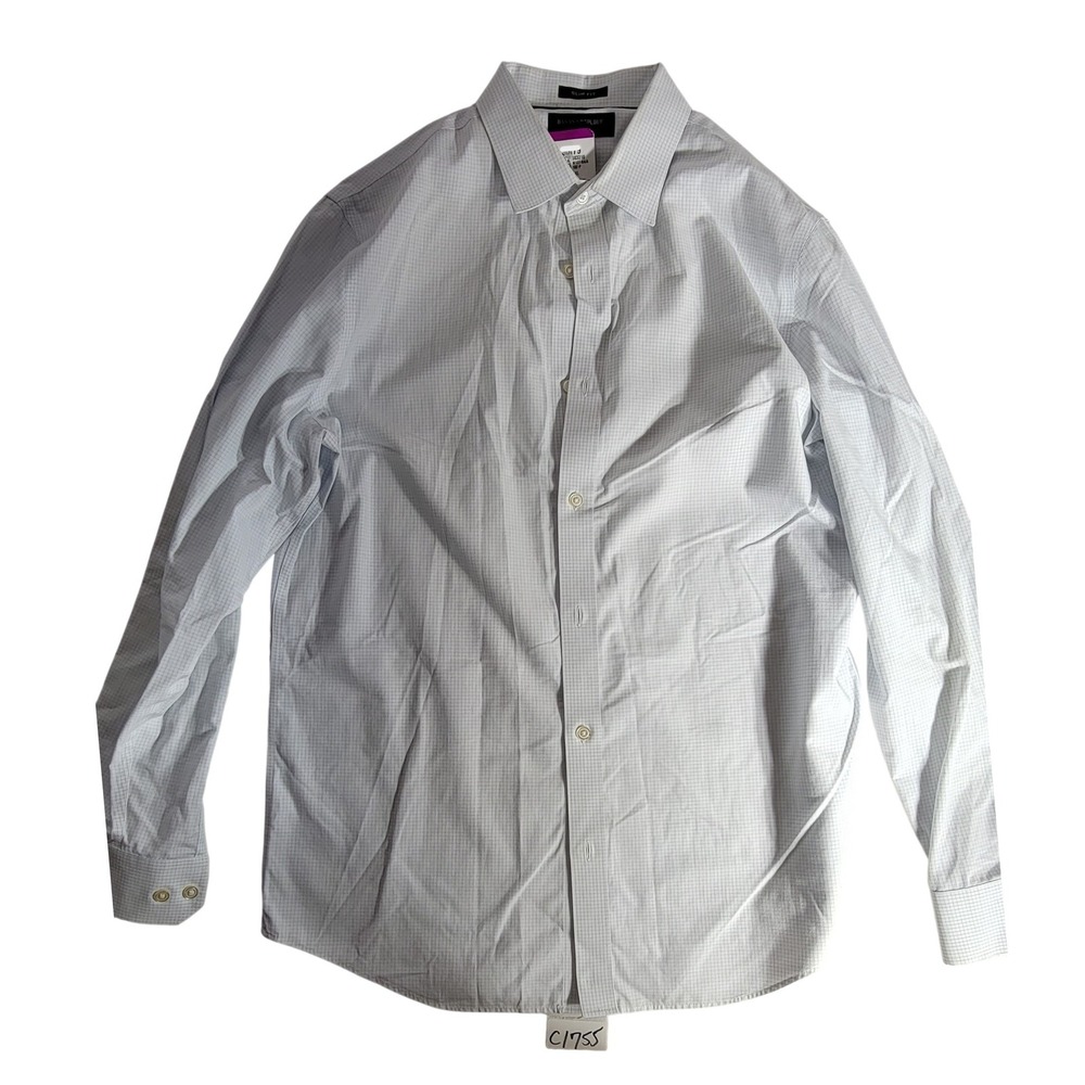 Banana Republic Slim Fit Non-Iron Dress Shirt Mens 16 16.5 34 35 White Blue Grid